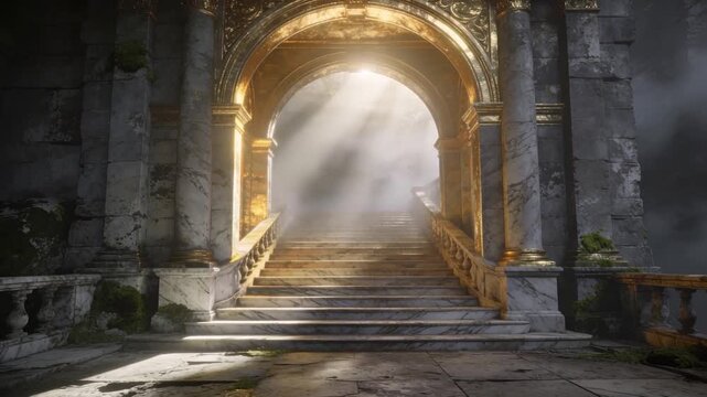 Sliding sunbeams from opening above, revealing marble stairs inside ruined arch, lifting mist