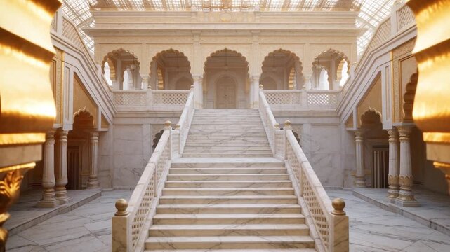 Pulling back, camera showing central marble steps at palace, with scalloped arch and arched gallery