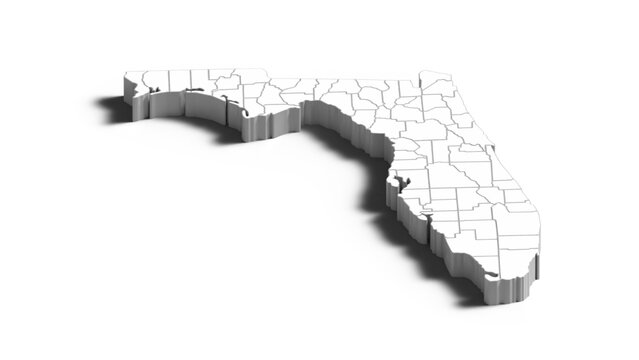 Florida 3D Isometric Map with County Boundaries, Perspective White Vector Illustration of US State