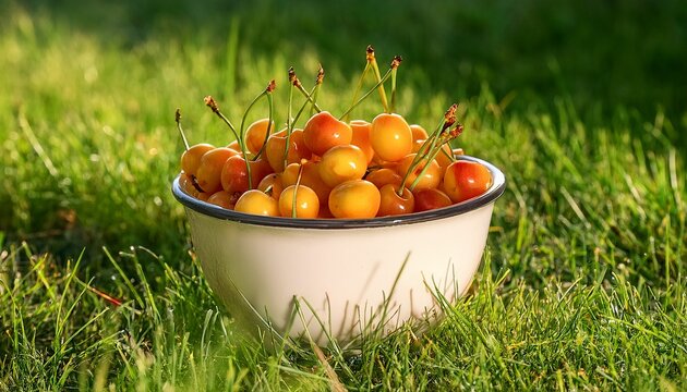 Freshly Picked Rainier Cherries In A Vintage White Enamel Bowl Resting On Green Grass Under Bright Summer Sunlight