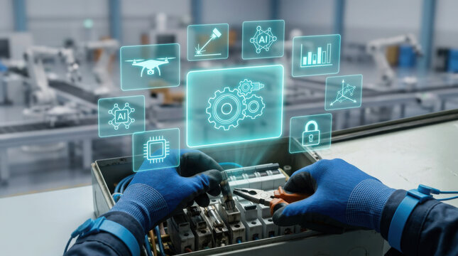 Close-up of a technician's hands in grounding gloves using pliers to repair an electrical fuse box with a futuristic holographic digital interface overlay in a smart factory