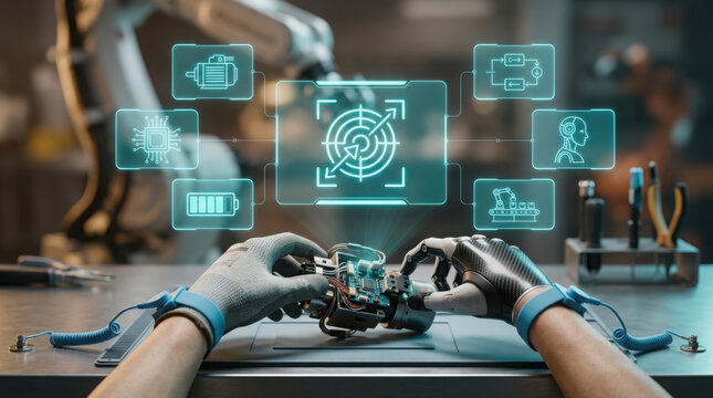 Close-up of robotic and human-like hands with anti-static straps repairing a robotic component with a futuristic digital HUD interface overlay in a high-tech lab