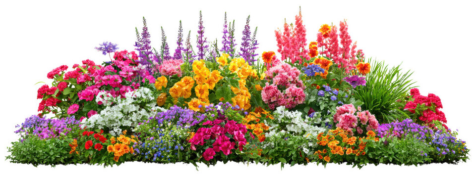 Vibrant Horizontal Flower Bed Arrangement with Pink Red Orange Purple Yellow and White Blooms and Green Foliage Isolated on Transparent Background
