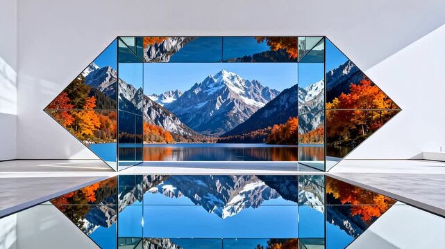 Modern art installation with mountain reflection