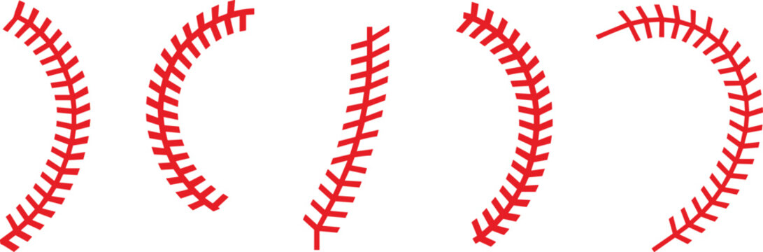 Set of red baseball laces vector illustrations, softball stitch line texture isolated icon pattern collection template