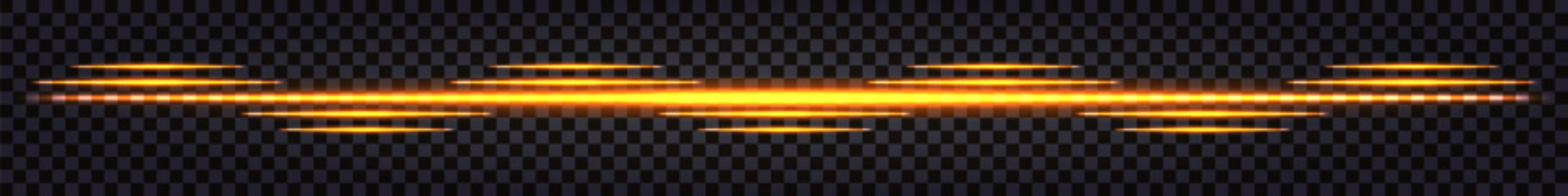 Golden glowing border or divider. Neon glowing light lines, laser shine beams, straight streaks design element, yellow beams. Vector isolated transparent
