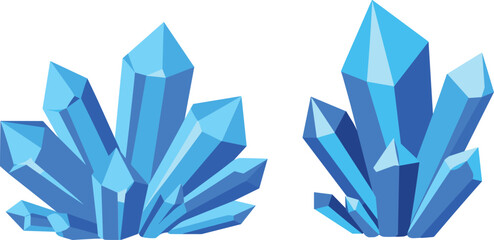 Set of blue crystal cluster vector illustrations, magic quartz gemstone and mineral rocks for game asset © Sume