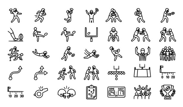 American Football Player Action Line Icons Set Editable Stroke Sports Gameplay Vector