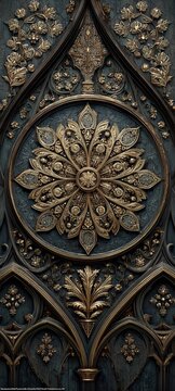 A majestic golden rosette window pattern set in dark carved wood with Gothic arches and floral vines. Highly detailed symmetrical architectural ornament with a luxury antique feel.