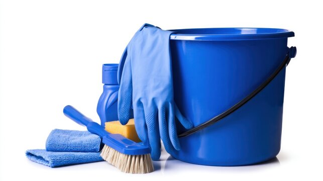 A blue cleaning bucket with a brush, gloves, and cloth arranged on a white background