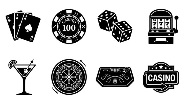 Casino and gambling entertainment icons vector illustration, black silhouette set featuring playing cards, poker chip, dice, slot machine, cocktail, roulette wheel, blackjack table, and casino sign, g