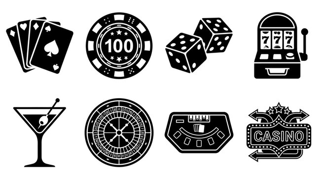 Casino and gambling entertainment icons vector illustration, black silhouette set featuring playing cards, poker chip, dice, slot machine, cocktail, roulette wheel, blackjack table, and casino sign, g