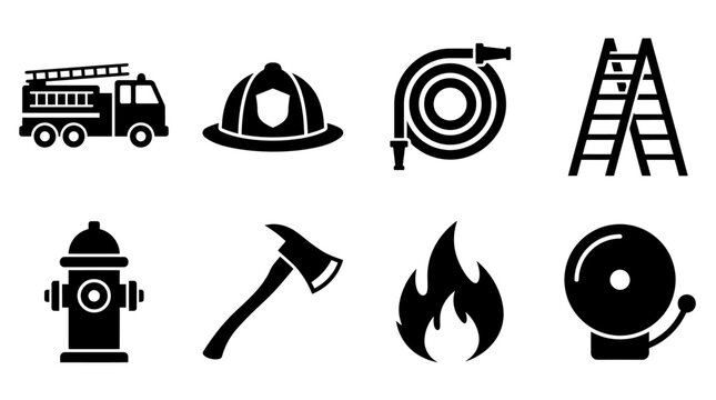 Firefighting and fire safety equipment icons vector illustration, black silhouette set featuring fire truck, helmet, hose, ladder, hydrant, axe, flame, and alarm bell, emergency rescue and protection 