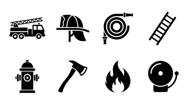 Firefighting and fire safety equipment icons vector illustration, black silhouette set featuring fire truck, helmet, hose, ladder, hydrant, axe, flame, and alarm bell, emergency rescue and protection 