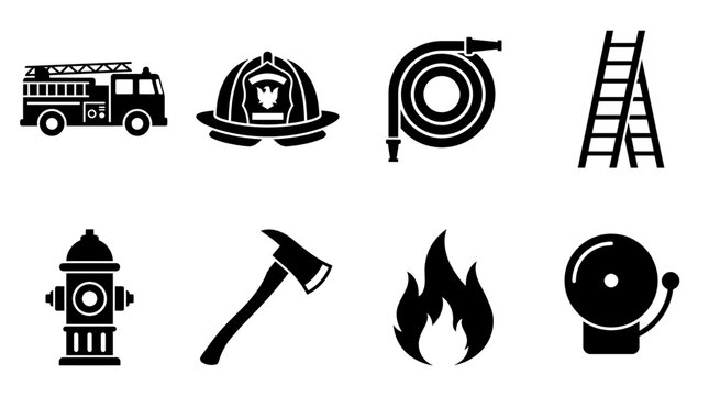 Firefighting and fire safety equipment icons vector illustration, black silhouette set featuring fire truck, helmet, hose, ladder, hydrant, axe, flame, and alarm bell, emergency rescue and protection 