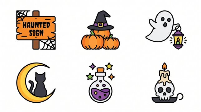 Spooky Halloween vector icons set pumpkins, friendly ghost, black cat, magic potion, haunted sign, skull candle for festive holiday design