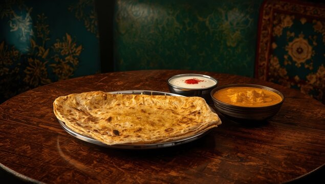 Potato-filled flatbread, Aloo paratha, accompanied by yogurt.