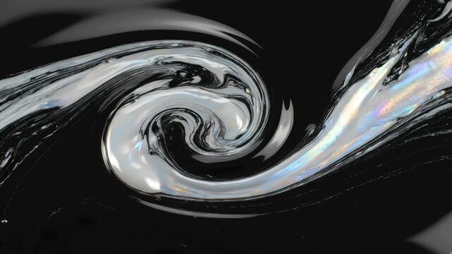 Mesmerizing abstract background of swirling liquid chrome and silver fluid with iridescent rainbow light reflections.