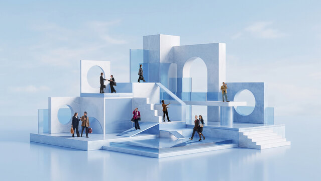 Professionals working across abstract blue architectural platforms. Concept of business ecosystem, corporate communication, workflow planning and future office development.