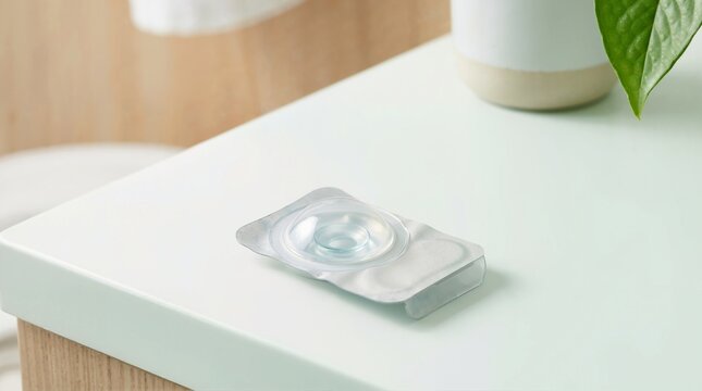 Unopened daily disposable contact lens in a blister pack on a light green countertop. Clear plastic packaging with saline solution for eye care and vision correction