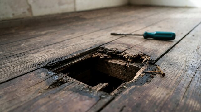 Large hole in rotted wooden floorboards. Damaged old house floor needing repair with screwdriver and rusty nails