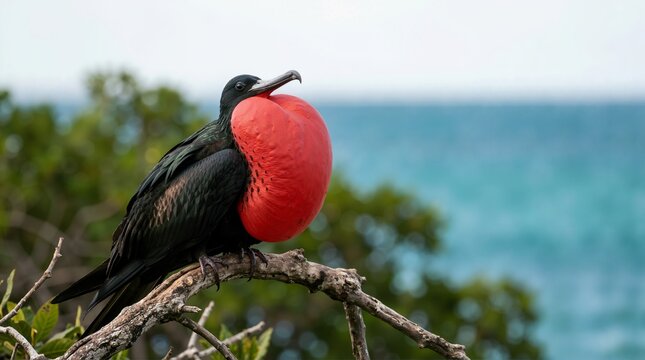 Male frigatebird inflating bright red gular pouch on a branch. Magnificent seabird displaying mating behavior with ocean background