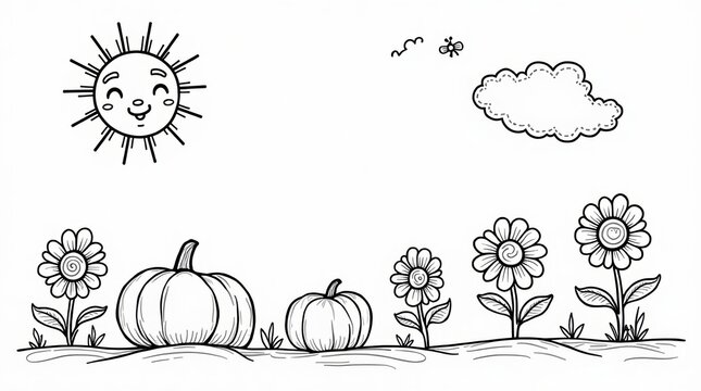 Cute hand drawn pumpkin patch with flowers and sun on a white background isolated on white background