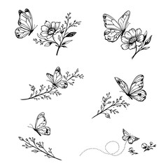 Naklejka premium Botanical Elements – Handgezeichnete Schmetterlinge mit floralen Zweigen als Vektor Illustration Set. Für Branding, Papeterie, Hochzeitseinladungen, Logos, Verpackungen und kreative Designprojekte.