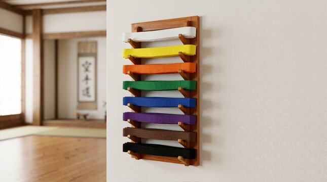 Martial arts belt rack displaying rank progression on a dojo wall. Karate belts from white to black in a traditional Japanese training studio