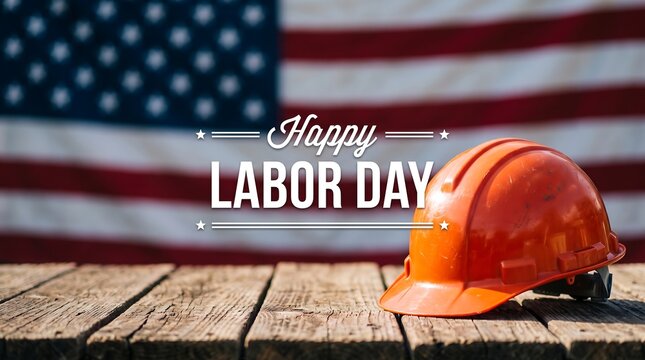 Orange hard hat on wooden table with american flag background