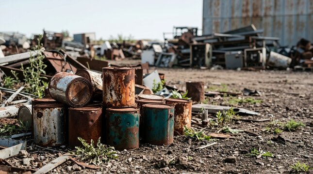 Pile of rusty old paint cans at an industrial dump site. Environmental pollution and metal waste in a junkyard