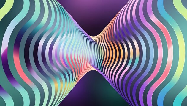 Abstract twisted hourglass ribbon pattern with vibrant colors. Kinetic optical illusion art and digital background. Symmetrical distorted wavy lines stretching across purple space