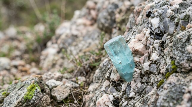 Raw blue beryl aquamarine crystal embedded in rough pegmatite rock. Close up of natural geological mineral specimen
