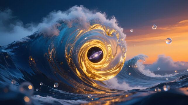 Giant golden wave under twilight sky