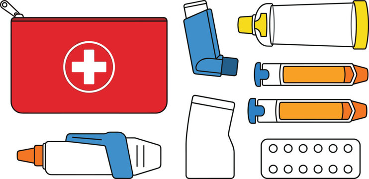 Asthma treatment and medical kit collection featuring inhalers medication tubes and first aid supplies healthcare vector illustration set