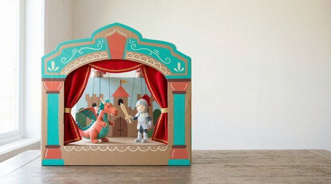 Cardboard puppet theater with dragon and knight marionettes. Handmade string puppets on stage for children's storytelling