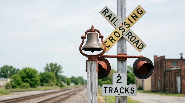 Vintage railroad crossing sign with rusty warning bell. Old railway safety signal with tracks and brick building