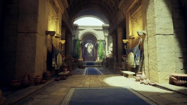 bannered corridor with shields and shields display, alcoves and torchlight, historic armory vibe, detailed masonry, warm amber highlights and display pedestals