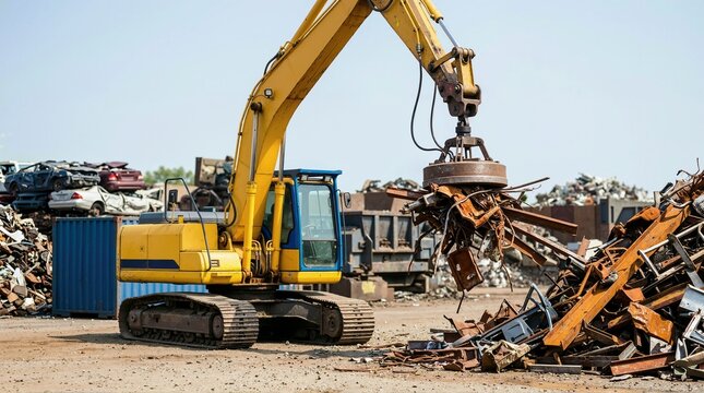 Yellow excavator crane lifting scrap metal with an electromagnet. Industrial recycling and salvage yard with rusted junk piles