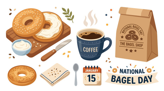 A delicious scene of bagels, coffee, and spread on a wooden cutting board on National Bagel Day with a calendar and confetti.