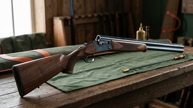Open over-under break-action shotgun on a wooden table. Classic hunting firearm resting on a green cleaning mat with a brass rod