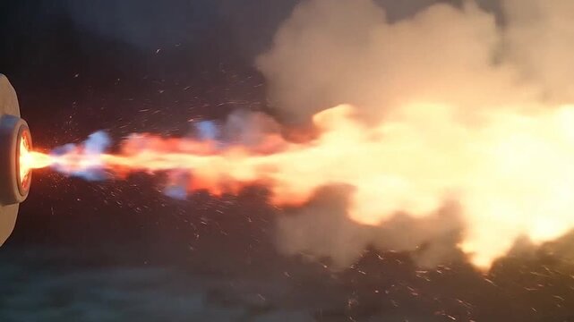 A powerful jet of fire and sparks erupts from a mechanical nozzle against a dark background