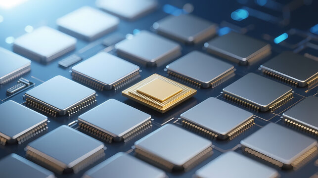 Golden chip surrounded by dark gray modules