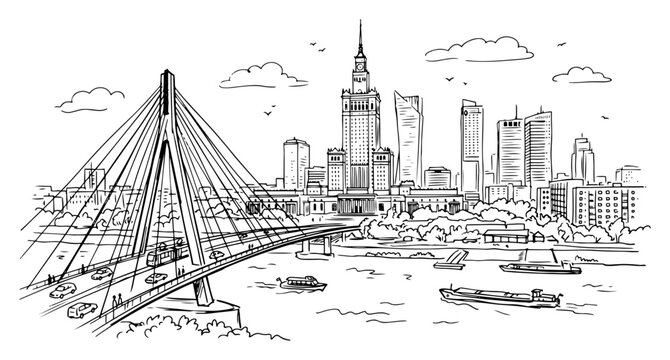 Warsaw skyline with Swietokrzyski Bridge and Palace of Culture hand drawn sketch vector illustration