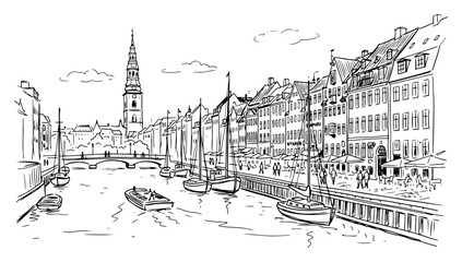 Fototapeta premium Nyhavn canal and waterfront city houses in Copenhagen Denmark hand drawn sketch vector