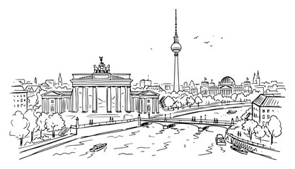 Brandenburg Gate and Berlin television tower panorama hand drawn sketch vector © Anna