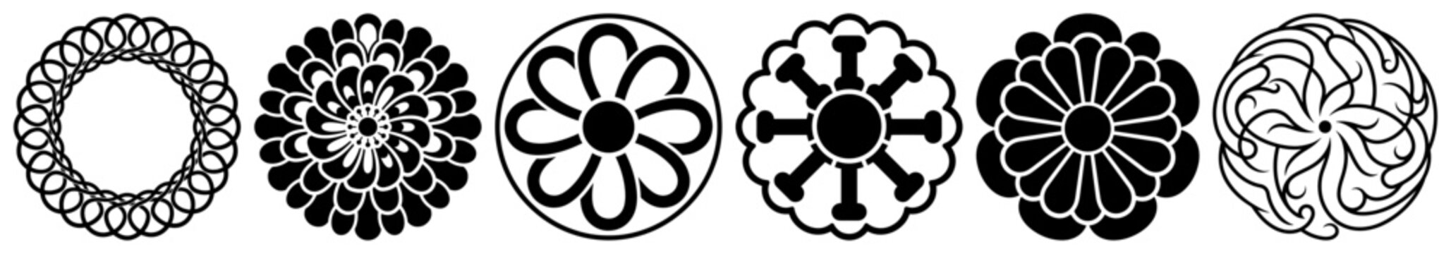 circular floral ornaments and japanese crests set in flat black and white style