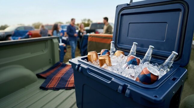 Blue cooler filled with ice and drinks in pickup truck bed. Tailgate party with friends socializing in background
