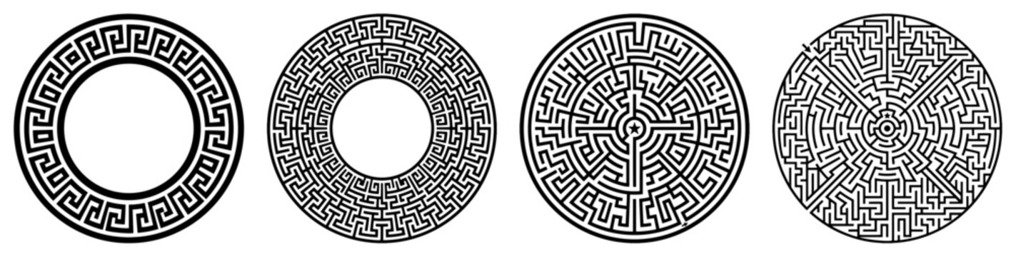 greek key meander frames and circular labyrinth mazes set in black and white line art style