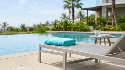 Fototapeta premium Folded turquoise towel on empty sun lounger. Luxury swimming pool deck with palm trees. Summer vacation resort concept